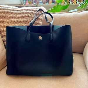 Timeless Tory Burch navy tote with sky blue interior